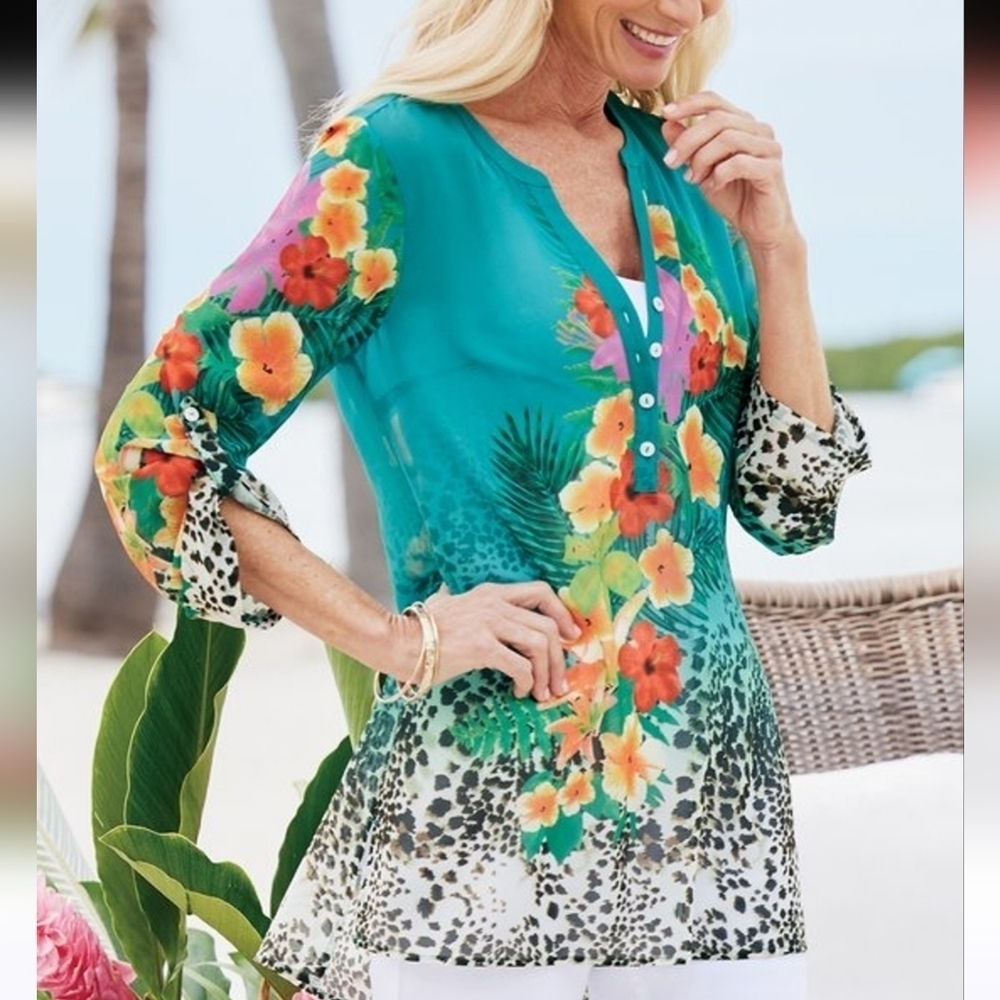 NWOT Soft Surroundings Sheer Tropical Top Popover Hibiscus Floral Print Large
